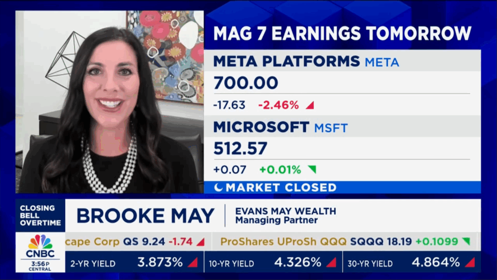 Brooke May, CFP on CNBC Closing Bell OverTime - Mega-cap earnings, Fed decision, market outlook, jobs report 2025 Q2 Markets Are Priced to Perfection